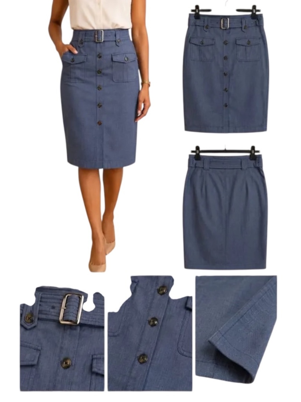 NWT NY&Co 7th Avenue Design Studio Blue Belted Pencil Skirt Size 12 Lined